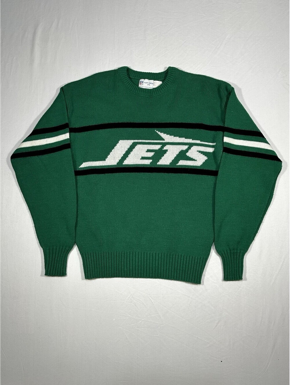 Vintage Cliff Engle New York Jets NFL Sweater Adult Medium Green Made in USA 80s